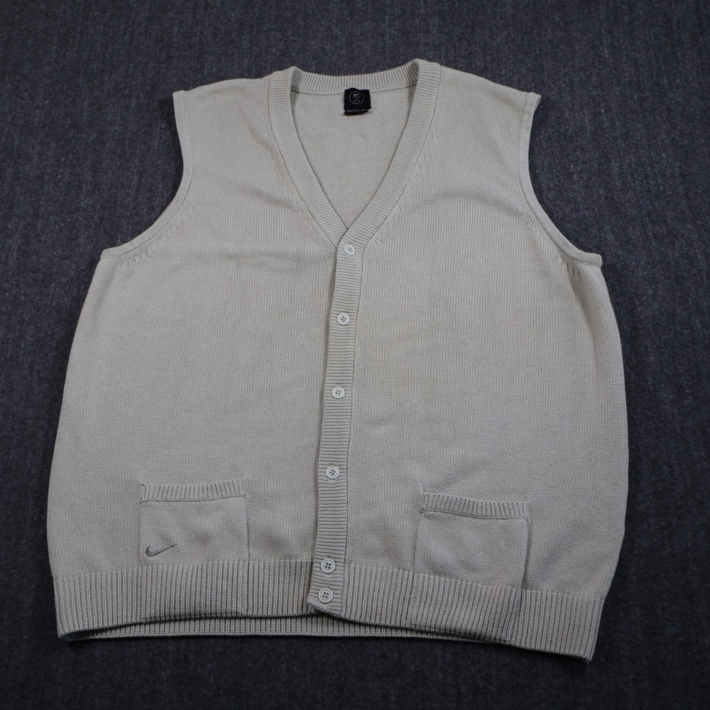 Nike Golf Mens XXL Beige Tan Knit Button Front Cardigan Vest 100% Cotton